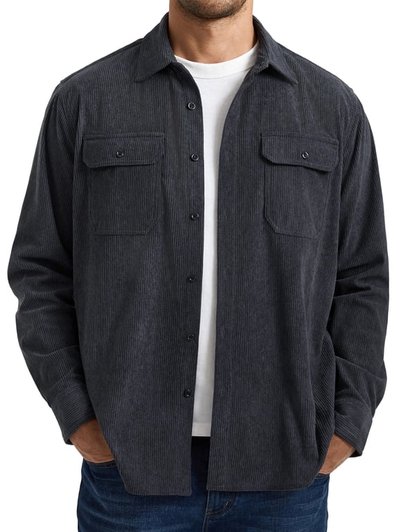 Mens Corduroy Shirts Casual Long Sleeve Button Down Shirt Jacket Lightweight with Flap Pockets Grey