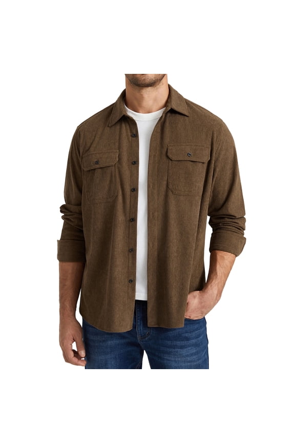 Mens Corduroy Jacket Casual Lightweight Jacket Button Up Long Sleeve Shirts with Flap Pockets Brown