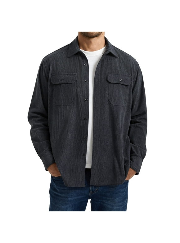 Mens Corduroy Shirts Casual Long Sleeve Button Down Shirt Jacket Lightweight with Flap Pockets Grey