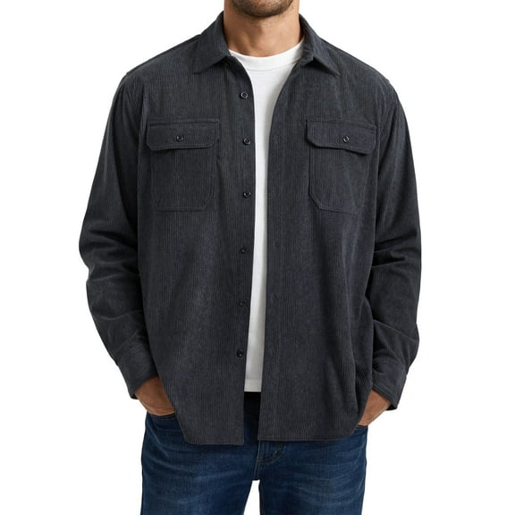 Mens Corduroy Shirts Casual Long Sleeve Button Down Shirt Jacket Lightweight with Flap Pockets Grey