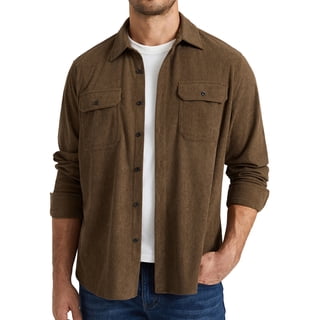 Mens Corduroy Jacket Casual Lightweight Jacket Button Up Long Sleeve Shirts with Flap Pockets Brown
