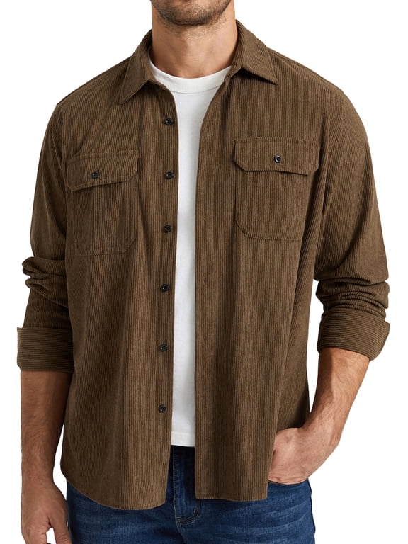 Mens Corduroy Jacket Casual Lightweight Jacket Button Up Long Sleeve Shirts with Flap Pockets Brown