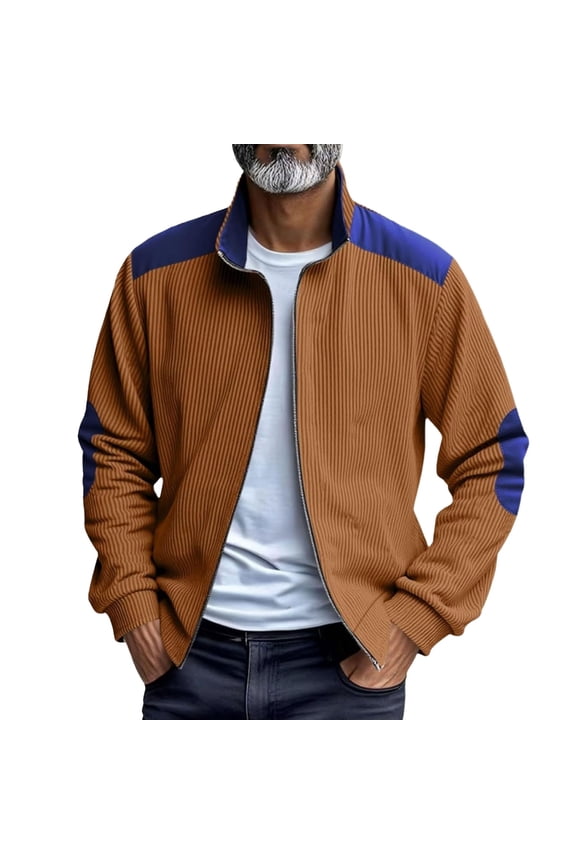 Men's Corduroy Jacket, Full Zip Patchwork Mock Neck Jackets Fall Winter Loose Mens Sport Coats With Elbow Patches