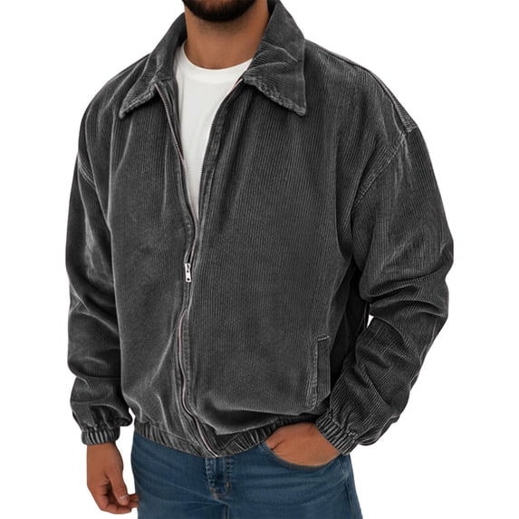 Men's Corduroy Jacket Full Zip Vintage Coat Casual Fall Windbreaker with Pockets Lightweight Classic Turn Down Collar Outerwear Retro Spring Winter Streetwear