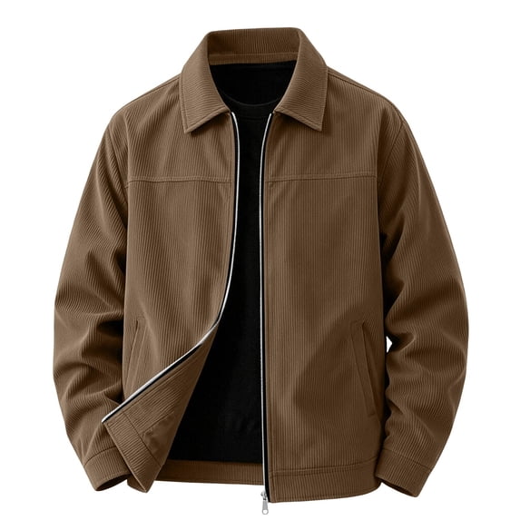 Men's Corduroy Jacket Lapel Collar Full Zip Up Long Sleeve Casual Coat Classic Textured Outerwear with Pockets