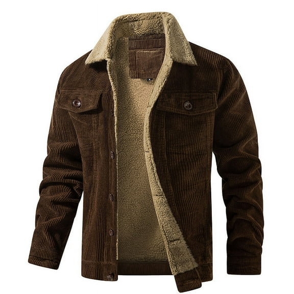 Men's Corduroy Jacket - Long Sleeve Fleece Lined Coat for Fall Winter