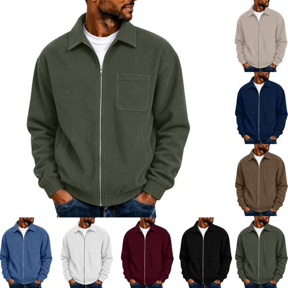 Men's Corduroy Jacket Sevevn Classic Soft Corduroy Zip Up Turn Down Collar Long Sleeve Chest Pocket Regular Fit Casual Coat Outwear for Daily Wear
