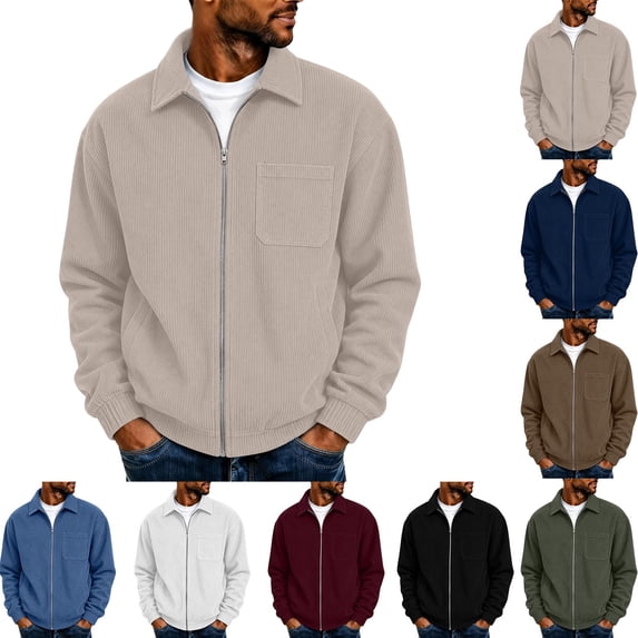 Men's Corduroy Jacket Sevevn Classic Soft Corduroy Zip Up Turn Down Collar Long Sleeve Chest Pocket Regular Fit Casual Coat Outwear for Daily Wear