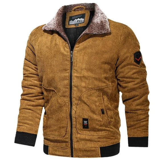 Men's Corduroy Jacket Winter Warm Padded Lamb Wool Workwear Coat Casual Fall Outerwear with Lapel Design