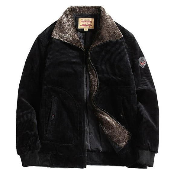 Men's Corduroy Jackets Fashion Cotton Sherpa Lined Jacket Causal Full Zip Up Collar Long Sleeve Coats With Pockets (L, Black)