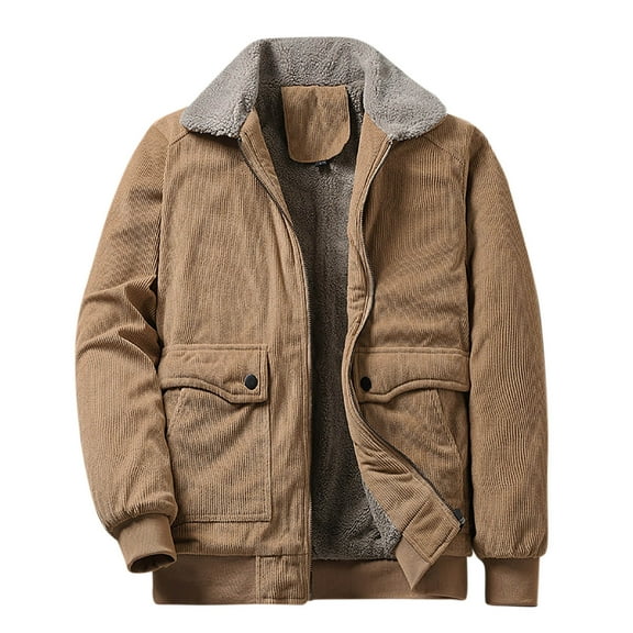 Men's Corduroy Jackets Sherpa Lined Fleece Trucker Work Jacket Zip Up Cotton Turn-Down Collar Coats Winter Warm Outwear with Pockets