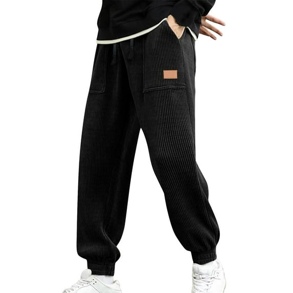 Men's Corduroy Jogger Work Pants with Adjustable Drawstring Waist, Casual Design for Outdoor Activities, Running, and Daily Comfort (Retro & Breathable),Black S