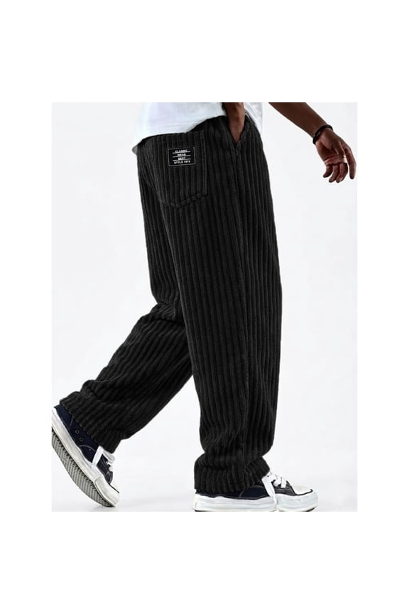 Men's Corduroy Joggers Wide Leg Straight Baggy Fashion Casual Pants Comfort Fit​ Trousers Black L