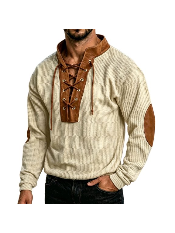 Men's Corduroy Lace Up Pullover Long Sleeve Shirt Vintage Ribbed Knit Renaissance Viking Costume Tops Elbow Patches for Fall Winter Theme Party, Beige, S
