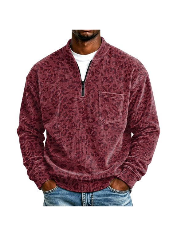Men's Corduroy Leopard Print Quarter Zip Sweatshirt, Stand Collar Loose Fit Trendy Casual Streetwear Pullover Top with Chest Pocket Red S