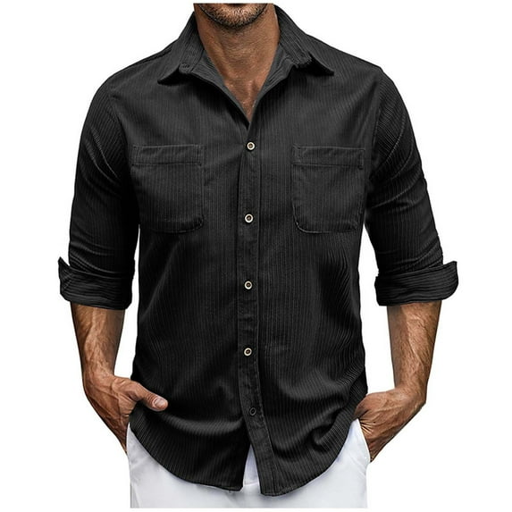 Men's Corduroy Long Sleeve Shirts Lapel Collar Button Up Shirt Blouse 2 Pockets Casual Fall Tops Regular Fit (XL, Black)