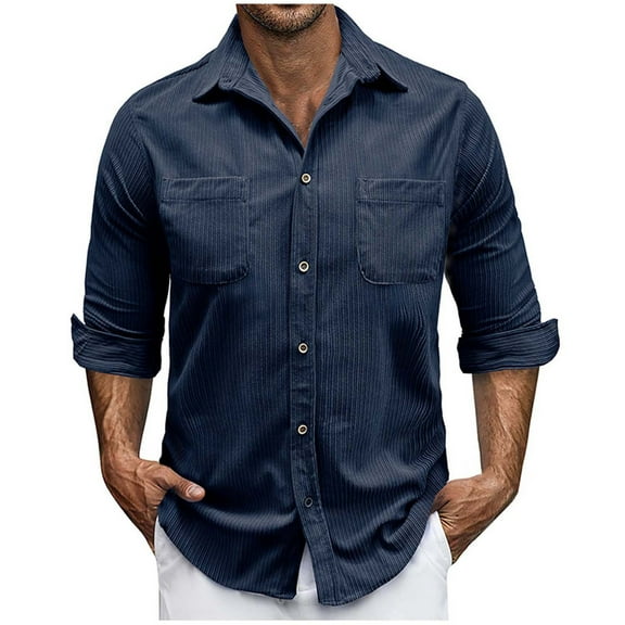 Men's Corduroy Long Sleeve Shirts Lapel Collar Button Up Shirt Blouse 2 Pockets Casual Fall Tops Regular Fit (XL, Dark Blue)
