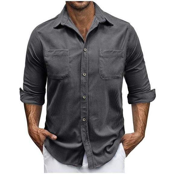 Men's Corduroy Long Sleeve Shirts Lapel Collar Button Up Shirt Blouse 2 Pockets Casual Fall Tops Regular Fit (XL, Dark Gray)