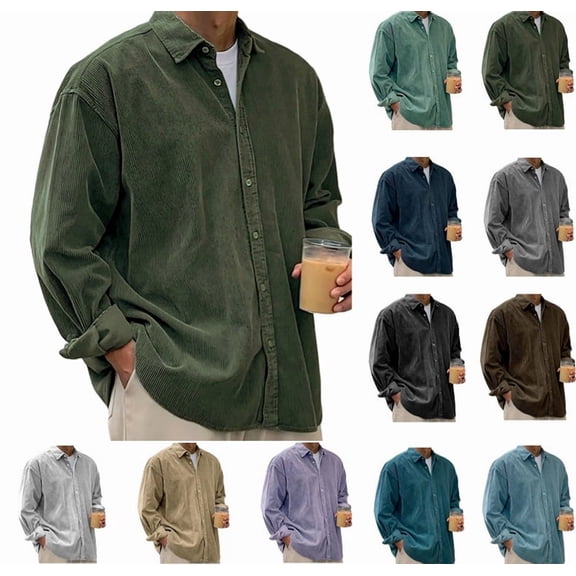 Men's Corduroy Long Sleeve Shirts Loose Fit Basic Solid Color Button Down Textured Shirt Collared Shacket Plus Size Army Green M