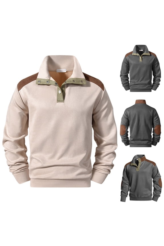 Men's Corduroy Long Sleeve Stand Collar Snap Button Sweatshirt Casual Top, Solid Color Comfortable Pullover Soft Texture Fashion Streetwear Daily Essentials Gift for Him | JASKFLY,Gray L