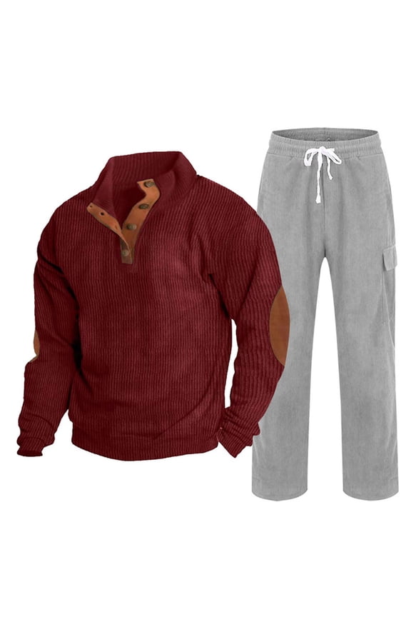 Men's Corduroy Lounge Set Solid Quarter Button Down Shirt Drawstring Sweatpants Casual Fall Two