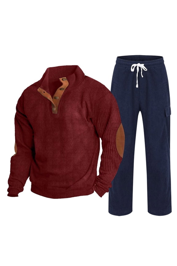Men's Corduroy Lounge Set Solid Quarter Button Down Shirt Drawstring Sweatpants Casual Fall Two Piece Outfits