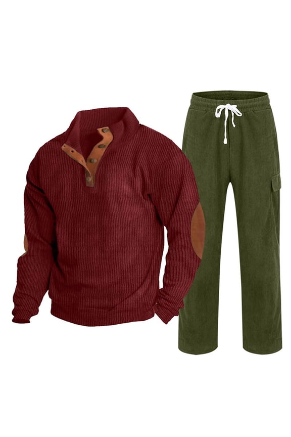 Men's Corduroy Lounge Set Solid Quarter Button Down Shirt Drawstring Sweatpants Casual Fall Two Piece Outfits