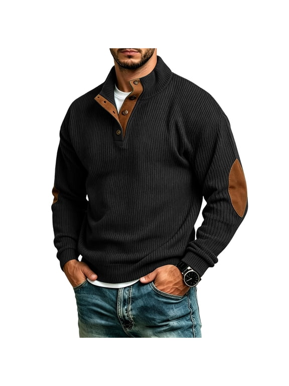 Men's Corduroy Mock Neck Pullover Henley Shirt Long Sleeve Casual Ribbed Textured Top with Button Placket and Elbow Patch Details Regular Fit for Everyday Wear Black S