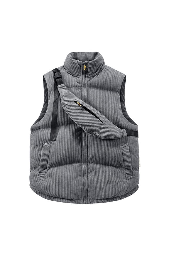 Men's Corduroy Packable Insulated Puffer Vest Outerwear Sleeveless Zip Up Vests Quilted Water-Resistant Windproof Down Jacket Stand Collar Winter Padded Casual Coat for Travel Outdoor,Gray XL