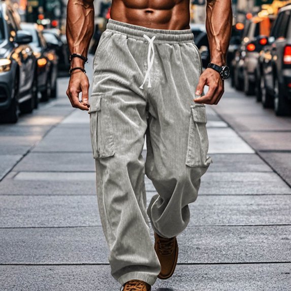 Men's Corduroy Pants Casual Cargo Pants Elastic Drawstring Waist Sweatpants With Pockets