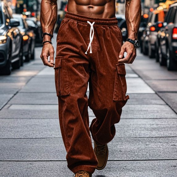 Men's Corduroy Pants Casual Cargo Pants Elastic Drawstring Waist Sweatpants With Pockets
