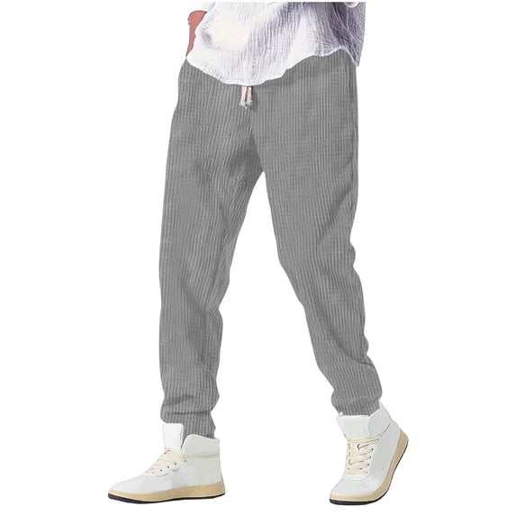 Men's Corduroy Pants Casual Straight Leg Baggy Pant Drawstring Elastic Waist Waffle Knit Sweatpants Streetwear with PocketS (2XL, Gray)