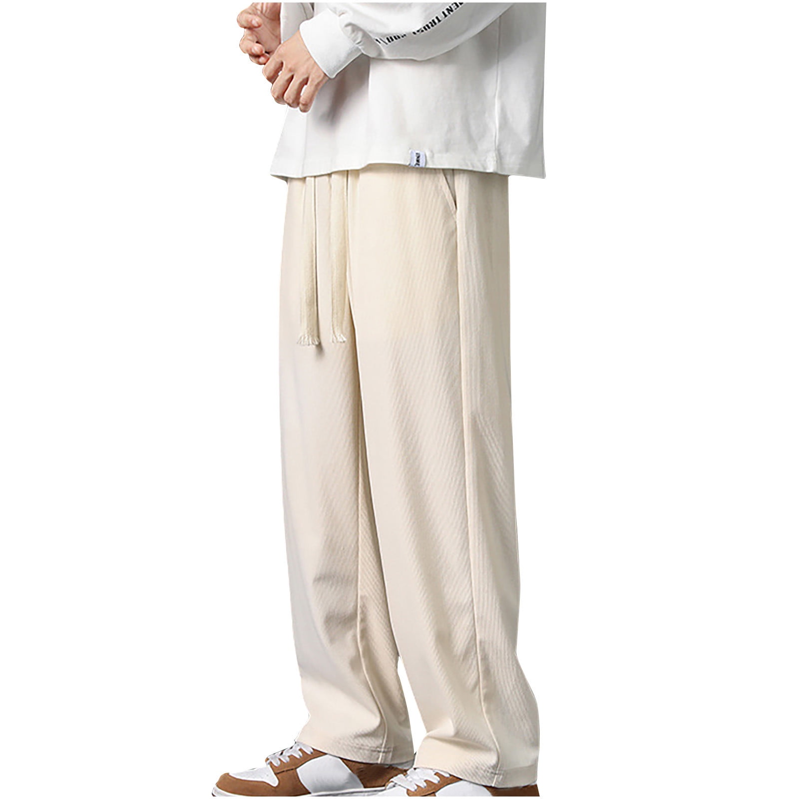Men's Corduroy Pants Elastic Waist Drawstring Straight-Legs