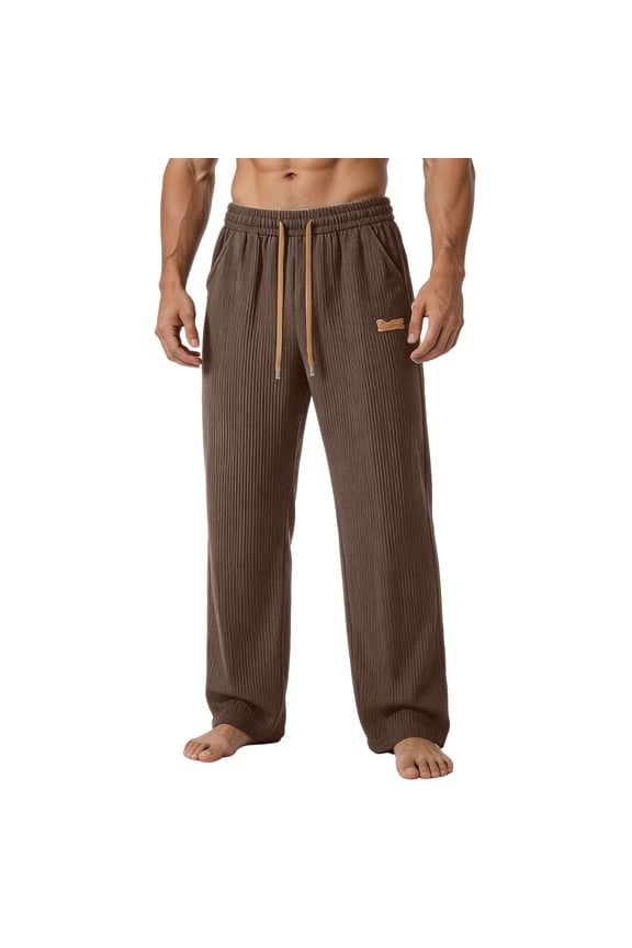 Men's Corduroy Pants Loose Fit Wide Leg Trousers with Drawstring Side Pockets Elastic Waist Stylish Pant for Casual Lounge Travel