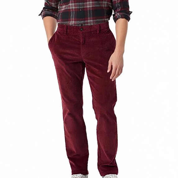 Men's Corduroy Pants Pleated Front Regular Fit (Red L)