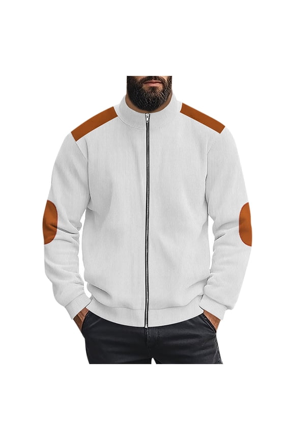 Men's Corduroy Patchwork Stand Up Collar Jacket - Vintage Color Block Long Sleeve Zipper Up Outerwear