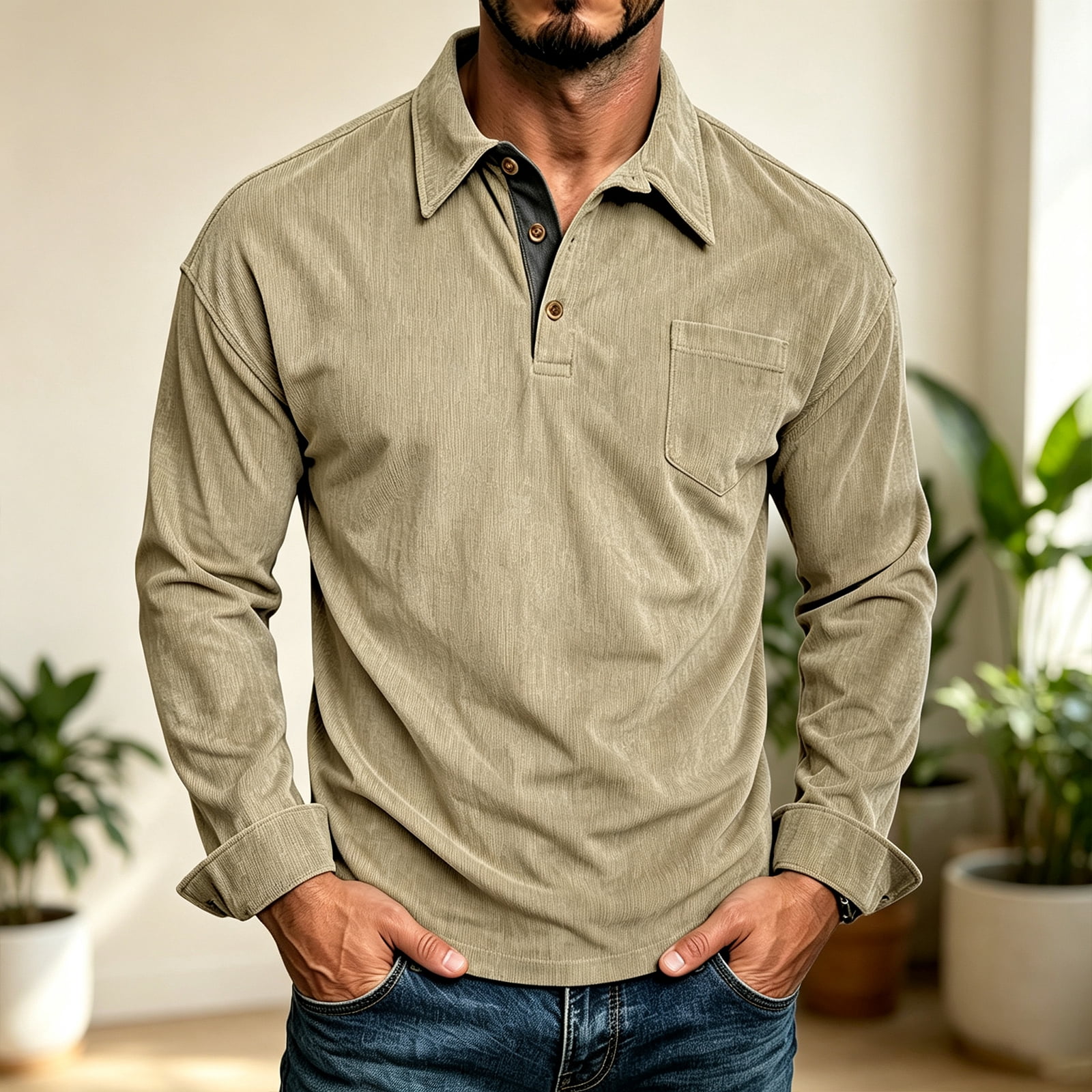 Men's Corduroy Polo Tops Long Sleeve Collared Shirts Button Front ...