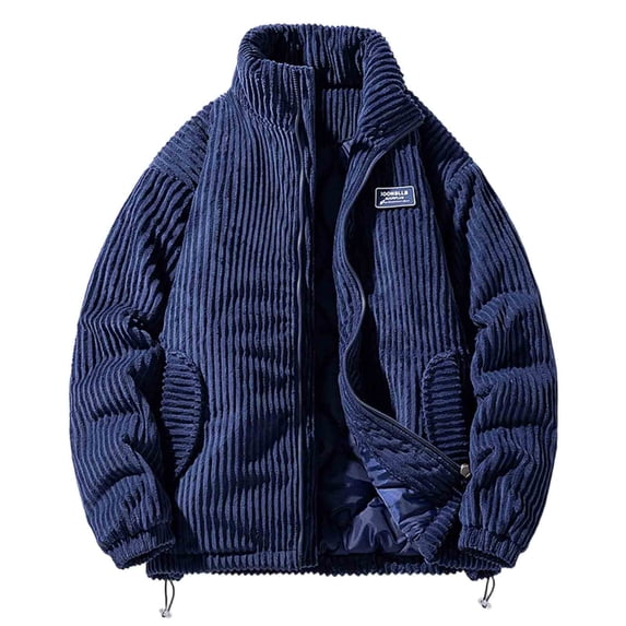 Men's Corduroy Puffer Jacket Zip Up Stand Collar Vintage Padded Warm Fall Winter Casual Outerwear with Pockets