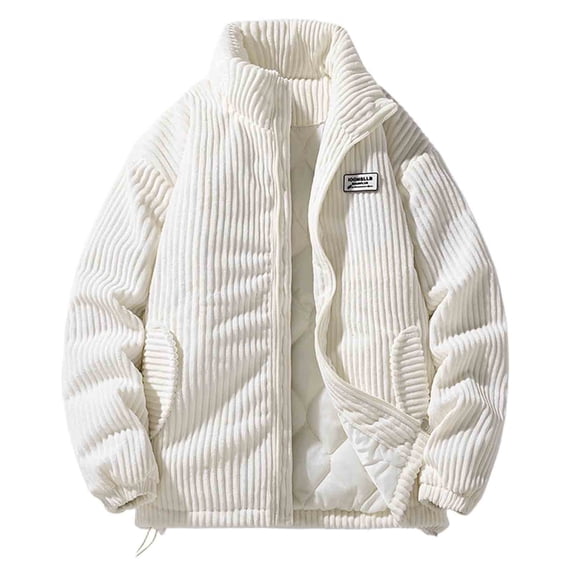 Men's Corduroy Puffer Jacket Zip Up Stand Collar Vintage Padded Warm Fall Winter Casual Outerwear with Pockets