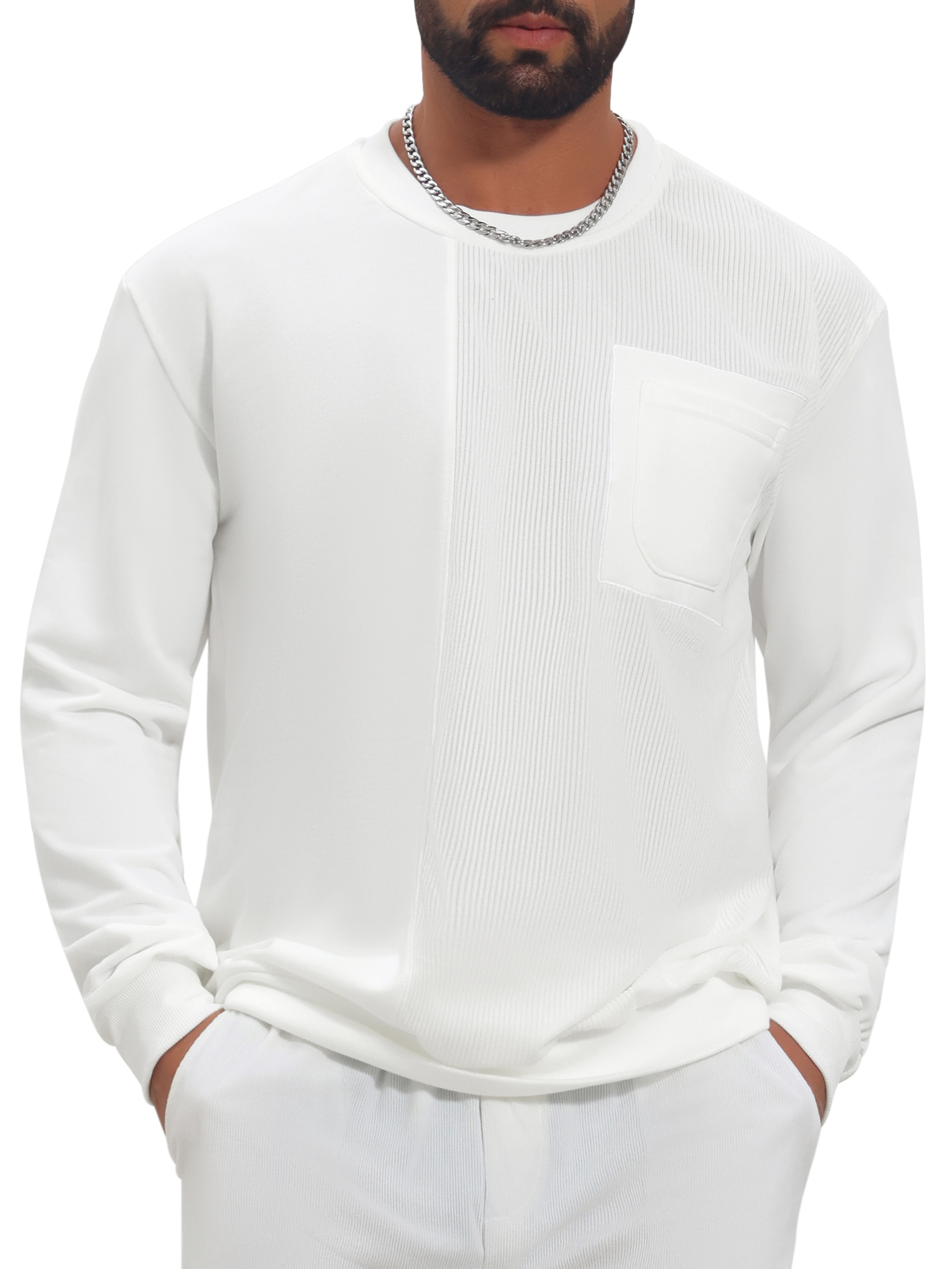 INSPIRE CHIC Men's Corduroy Panel Sweatshirt Crew Neck Long Sleeve Pullover Top XL White