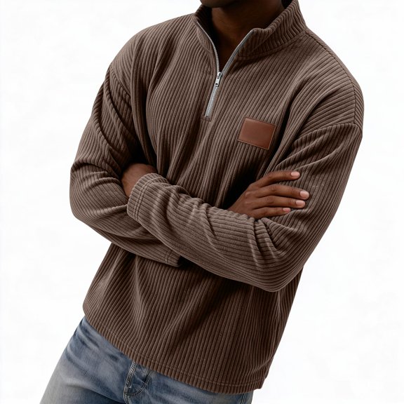 Men's Corduroy Quarter Zip Stand Collar Polo Shirt Long Sleeve Casual Pullover with Decorative Chest Patch M