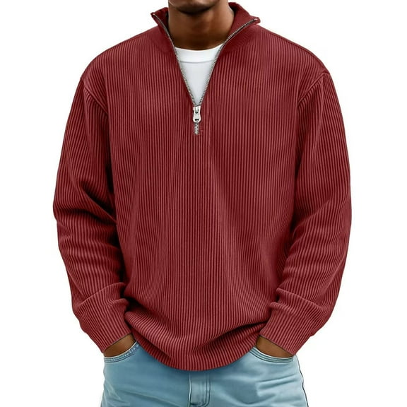Men's Corduroy Quarter-Zip Sweater Pullover, Mock Neck Long Sleeve Casual Winter Thermal Lined