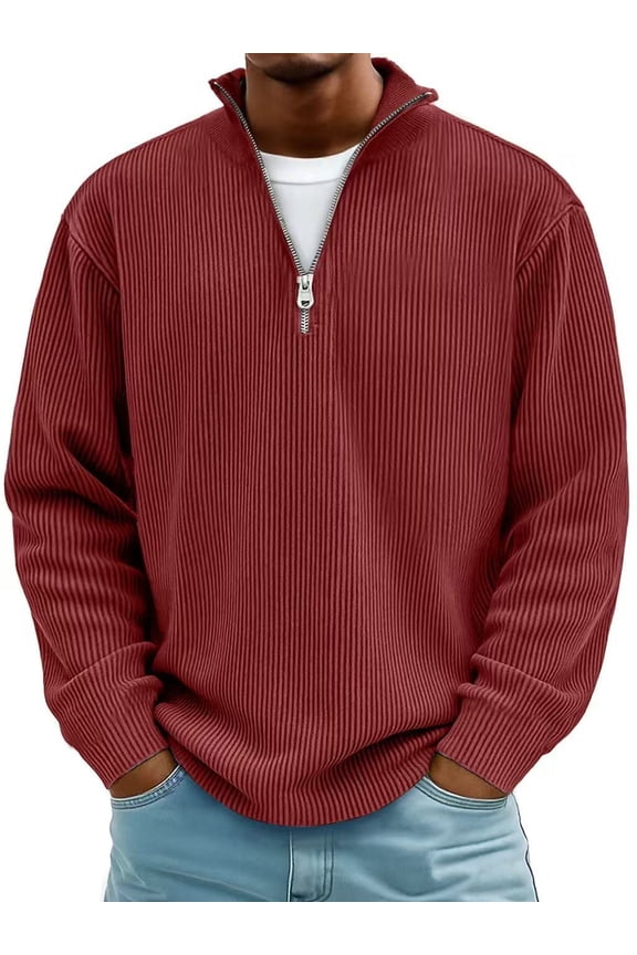 Men's Corduroy Quarter-Zip Sweater Pullover, Mock Neck Long Sleeve Casual Winter Thermal Lined