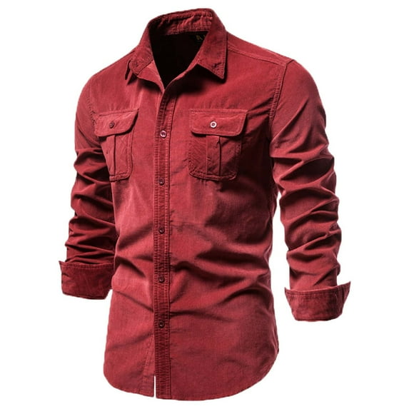 Men's Corduroy Shirt Casual Long Sleeve Button Down Lightweight Shirt Solid Color Regular Fit Shacket Jacket with Pocket