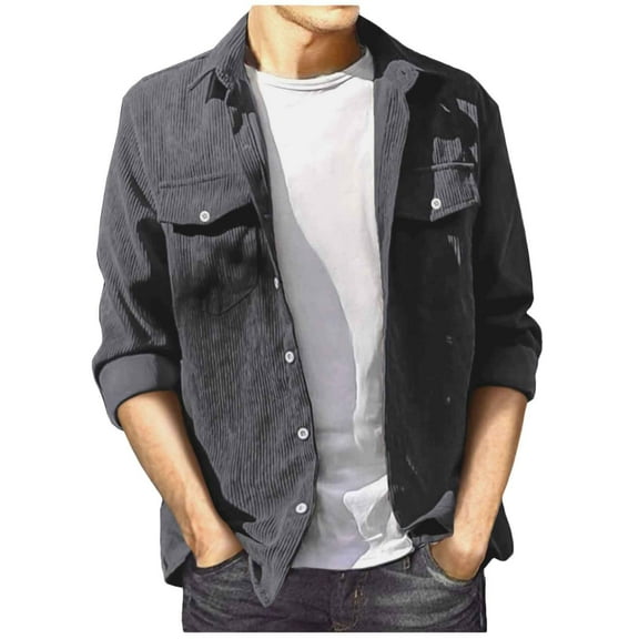 Men's Corduroy Shirt Casual Long Sleeve Button Down Lightweight Shirt Solid Color Regular Fit Shacket Jacket with Pocket