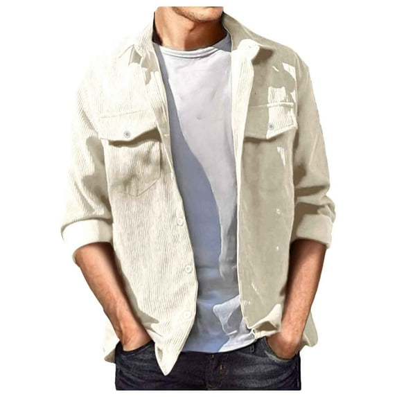 Men's Corduroy Shirt Casual Long Sleeve Button Down Lightweight Shirt Solid Color Regular Fit Shacket Jacket with Pocket