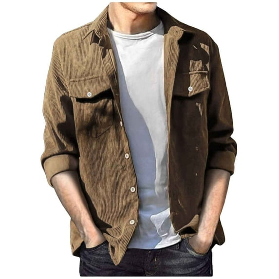 Men's Corduroy Shirt Casual Long Sleeve Button Down Lightweight Shirt Solid Color Regular Fit Shacket Jacket with Pocket