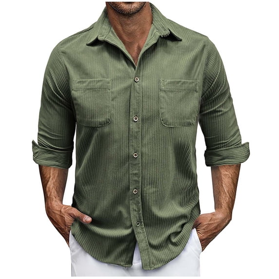 Men's Corduroy Shirt Causal Long Sleeve Solid Color Button Down Shirts Jackets Fall Retro Lightweight Loose Fit Shackets with Pockets