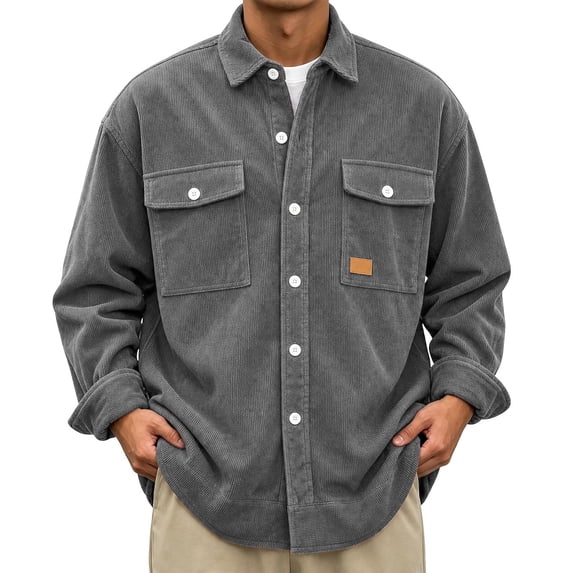 Men's Corduroy Shirt Jacket Casual Button Down Long Sleeve Shacket Outerwear Heavyweight Flannel Fall Coats with Chest Pockets Loose Fit Vintage Over-Shirt Top