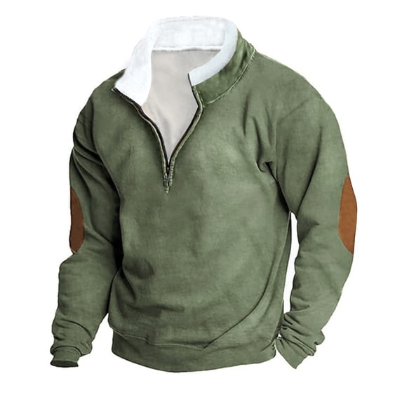 Men's Corduroy Shirt Lapel Collar Pullover Zipper up Sweaters with Elbow Patches Long Sleeve Golf Sweatshirts Mock Neck Tops Color Block Shirts